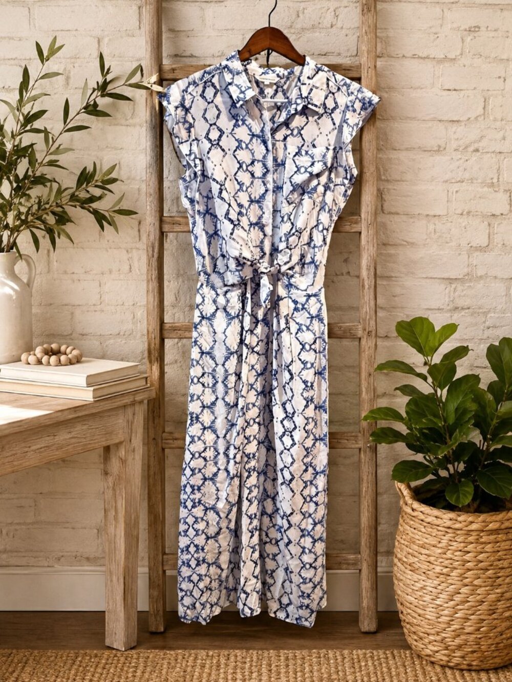 Rebecca Taylor 100% Silk Blue & White Printed Maxi Shirt Dress | Size 6